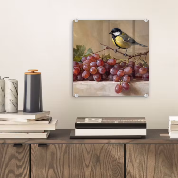 Glas schilderij - Vogel - Druiven - Stilleven — 2