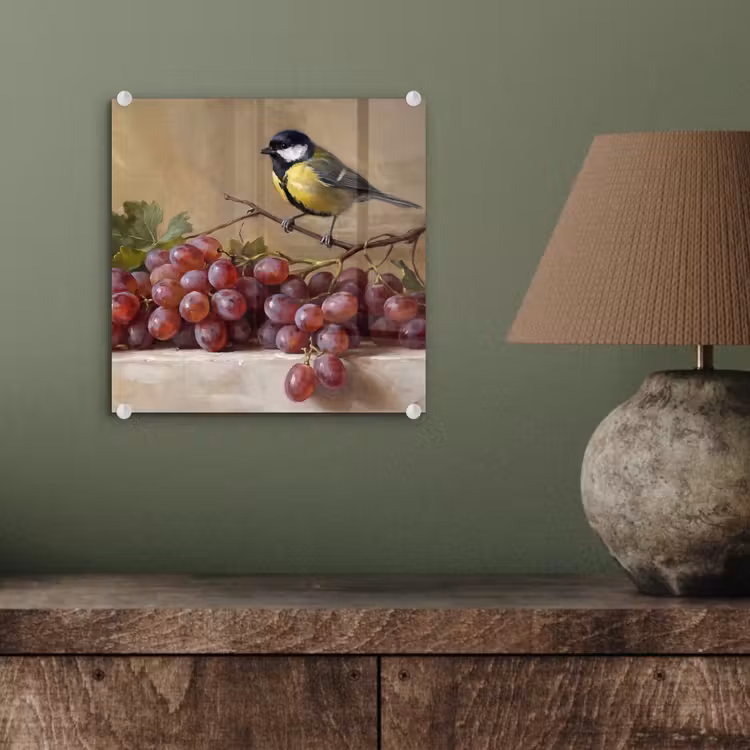 Glas schilderij - Vogel - Druiven - Stilleven — 4