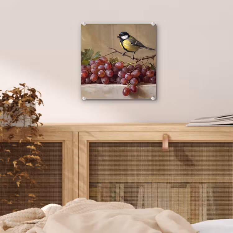 Glas schilderij - Vogel - Druiven - Stilleven — 5