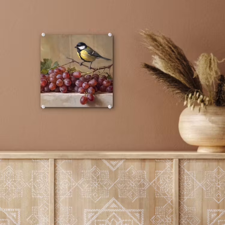 Glas schilderij - Vogel - Druiven - Stilleven — 6