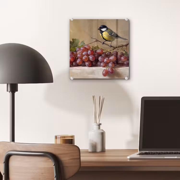 Glas schilderij - Vogel - Druiven - Stilleven — 7