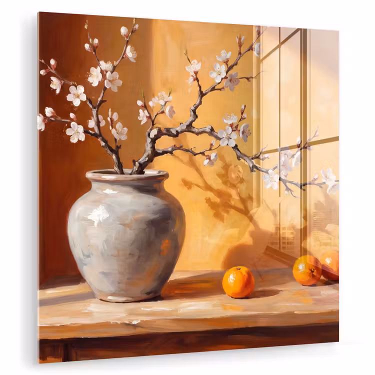 Glas schilderij - Witte bloemen - Stilleven — 1
