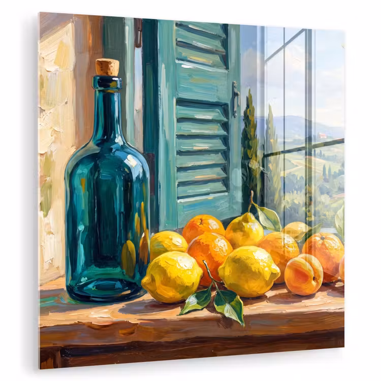 Glas schilderij - Fles - Fruit - Stilleven — 1