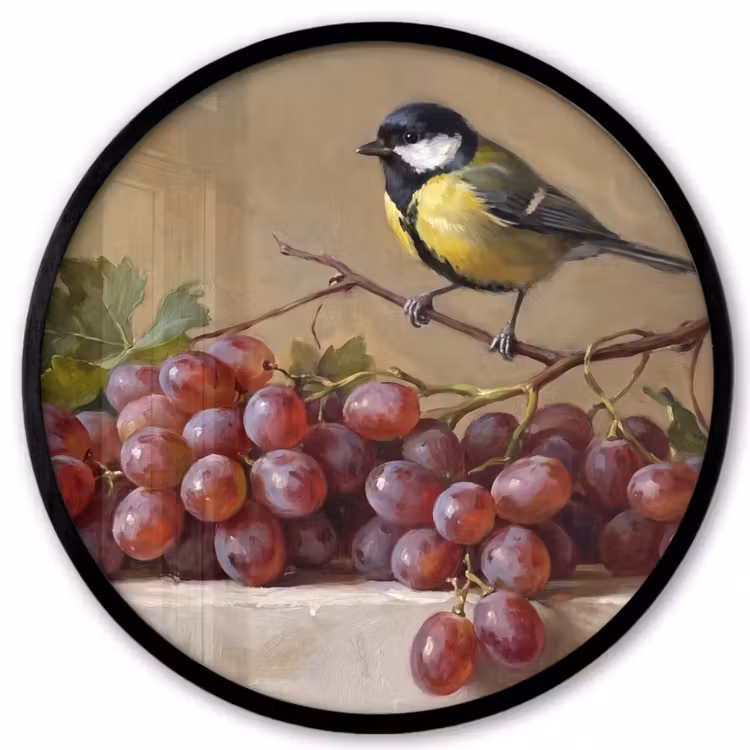 Ronde fotolijst - Vogel - Druiven - Stilleven — 1