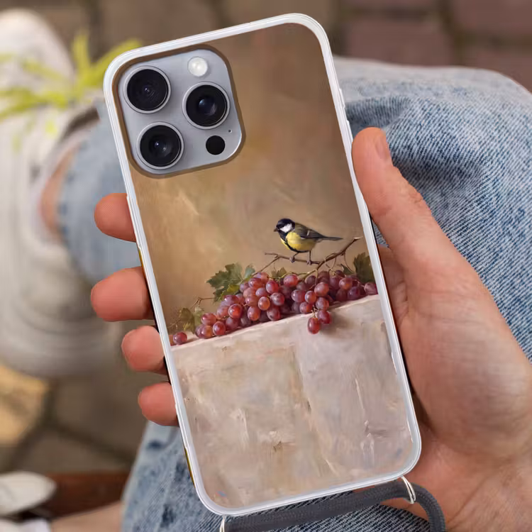 Telefoonhoesje met koord - Vogel - Druiven - Stilleven — 2