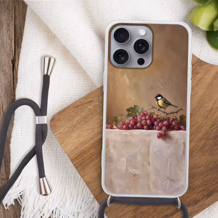 Telefoonhoesje met koord - Vogel - Druiven - Stilleven — 3