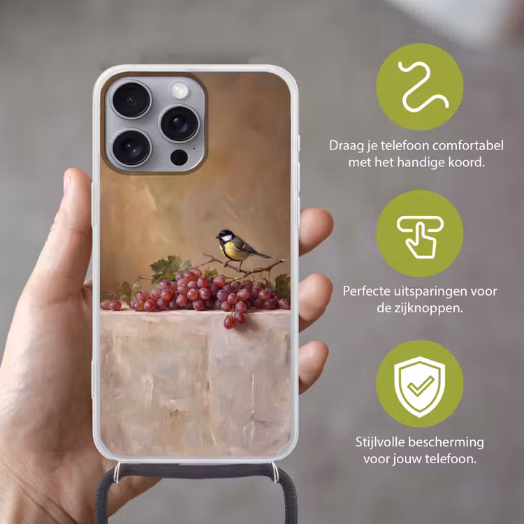 Telefoonhoesje met koord - Vogel - Druiven - Stilleven — 4
