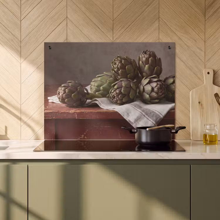 Inductie beschermer en spatscherm (2in1) - Artisjok - Eten - Rustiek — 2