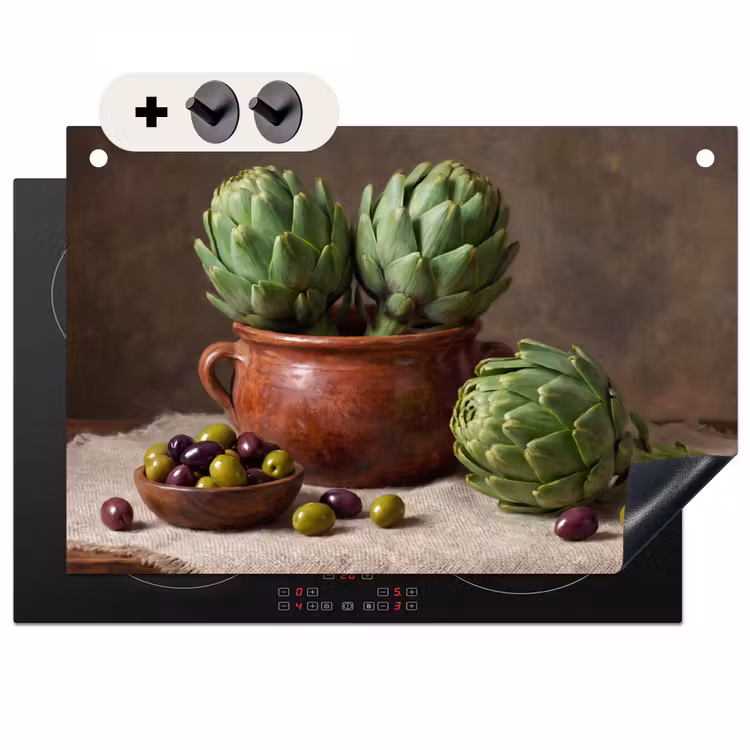 Inductie beschermer en spatscherm (2in1) - Artisjokken - Olijven - Eten — 1
