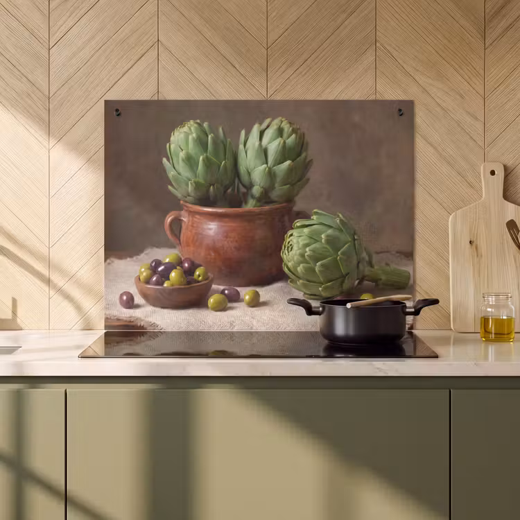 Inductie beschermer en spatscherm (2in1) - Artisjokken - Olijven - Eten — 2