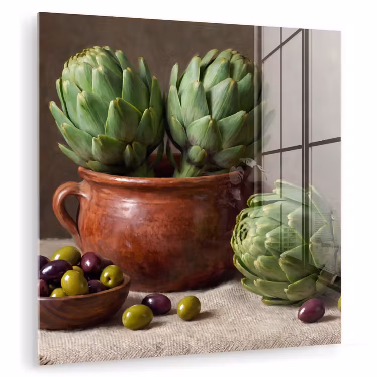 Glas schilderij - Artisjokken - Olijven - Eten — 1