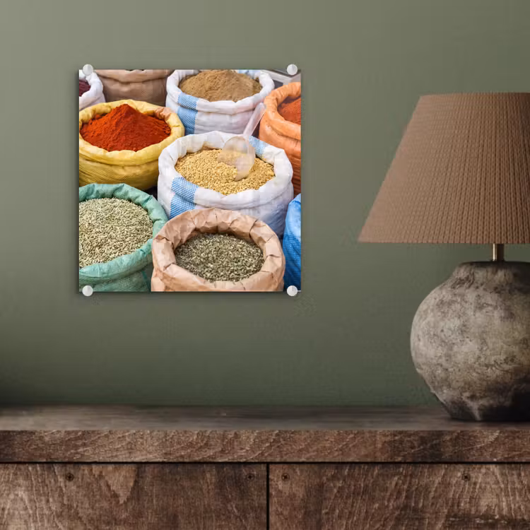 Glas schilderij - Kruiden - Zakken - Markt — 4