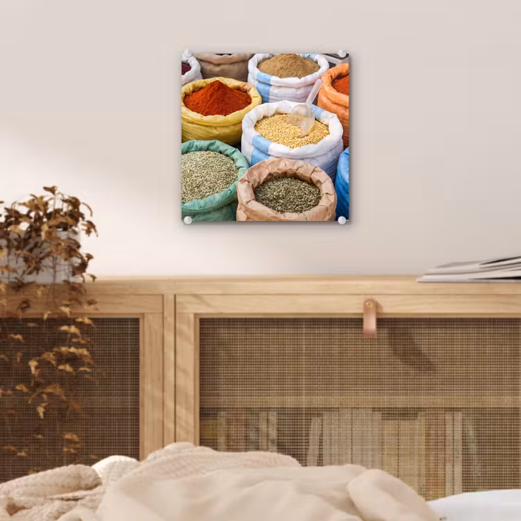 Glas schilderij - Kruiden - Zakken - Markt — 5