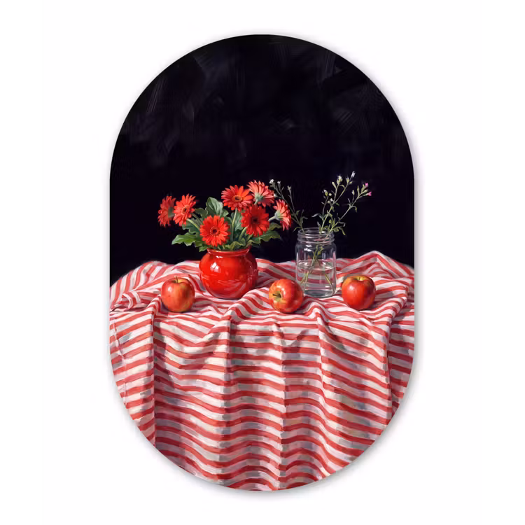 Muurovaal - Glas - Rode bloemen - Vaas — 1