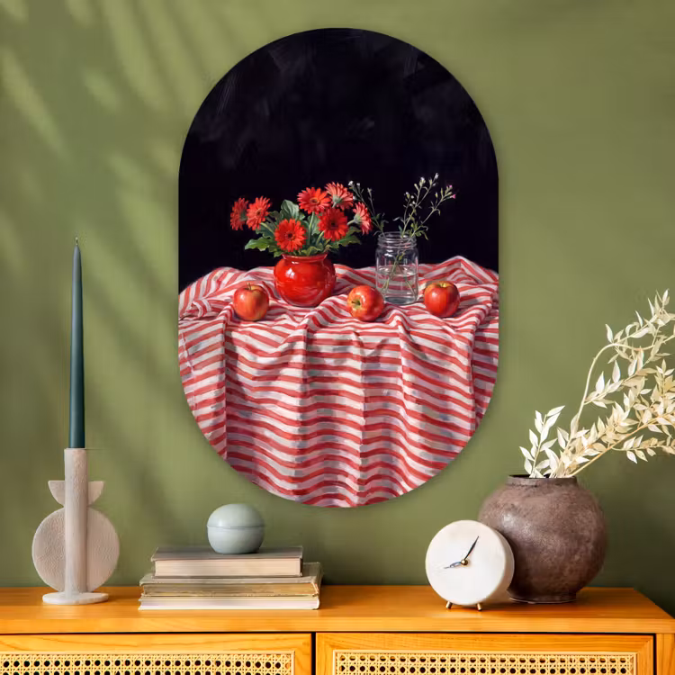 Muurovaal - Glas - Rode bloemen - Vaas — 2