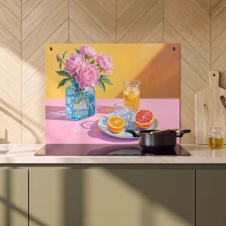 Inductie beschermer en spatscherm (2in1) - Bloemen - Roze - Modern — 2
