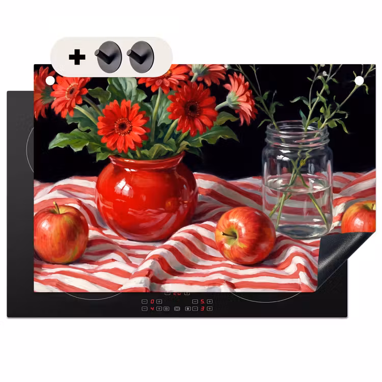 Inductie beschermer en spatscherm (2in1) - Rode bloemen - Vaas — 1