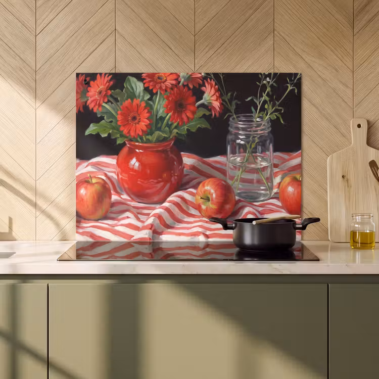 Inductie beschermer en spatscherm (2in1) - Rode bloemen - Vaas — 2