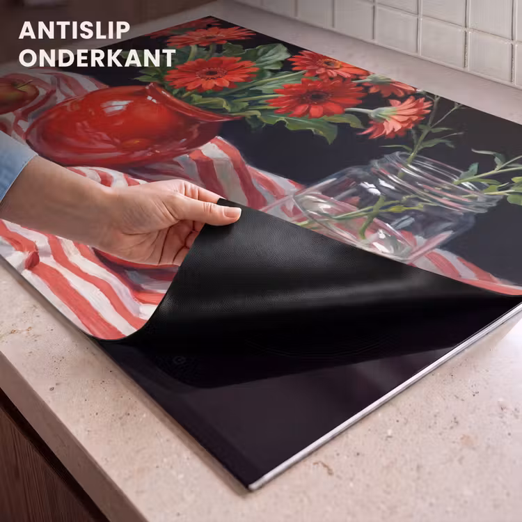 Inductie beschermer en spatscherm (2in1) - Rode bloemen - Vaas — 4
