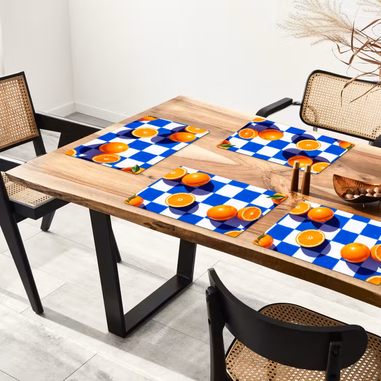 Placemat - 6 stuks - Sinaasappel - Geruit - Eten — 5