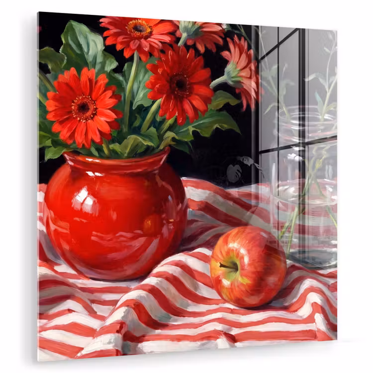 Glas schilderij - Rode bloemen - Vaas — 1