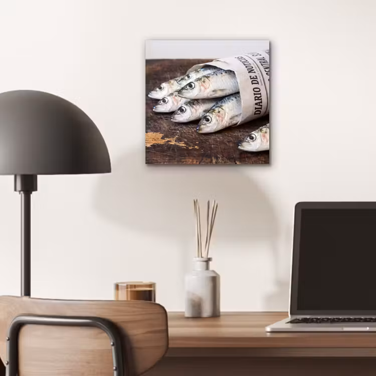 Aluminium schilderij - Sardientje - krant - snijplank — 6