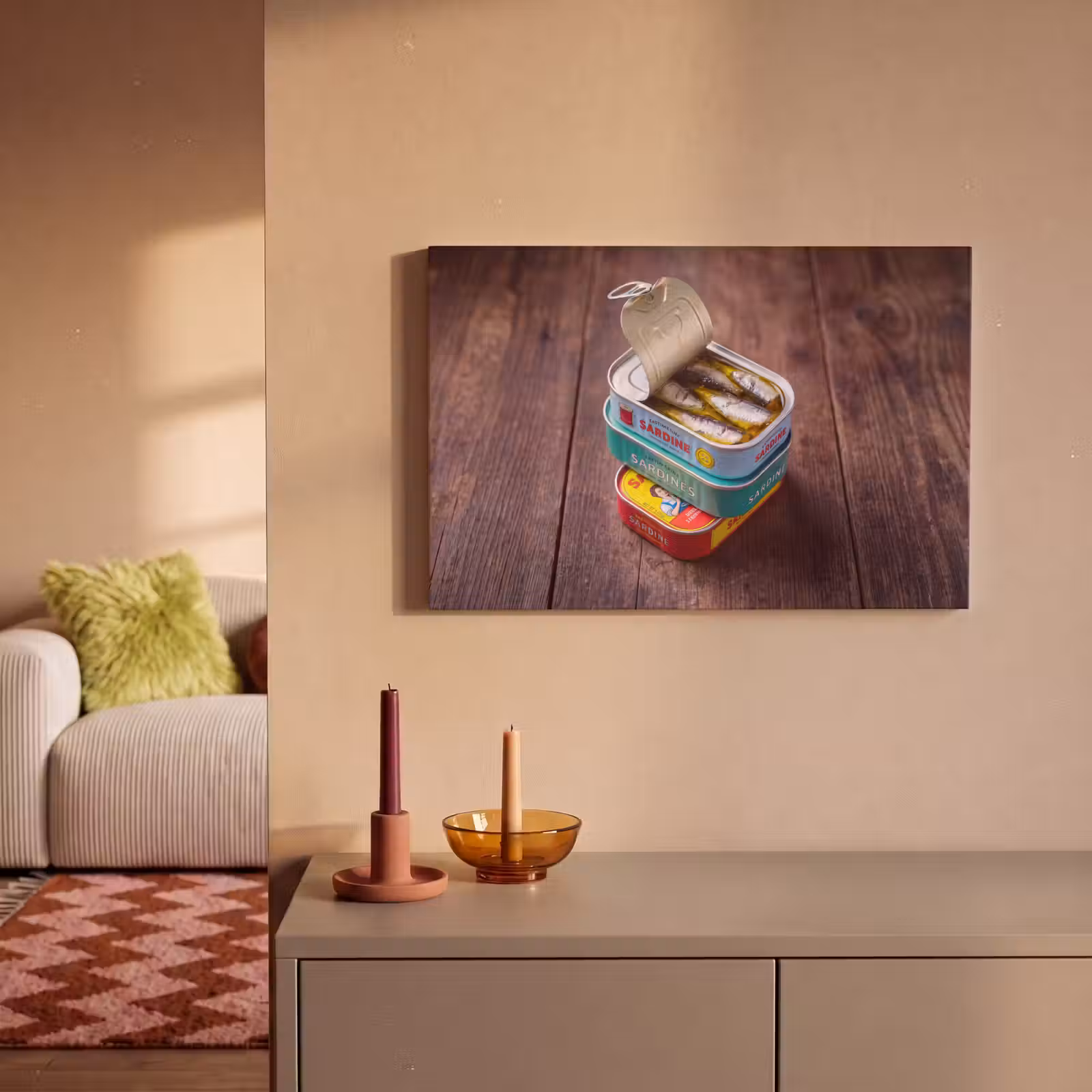 Canvas schilderij - Vis - Blikjes - Keuken — 1