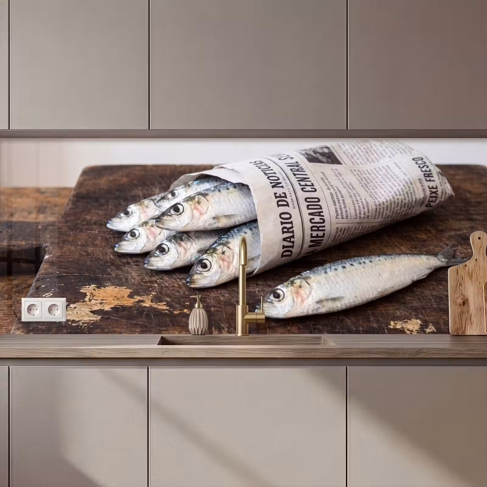 Keuken achterwand - Sardientje - krant - snijplank — 1