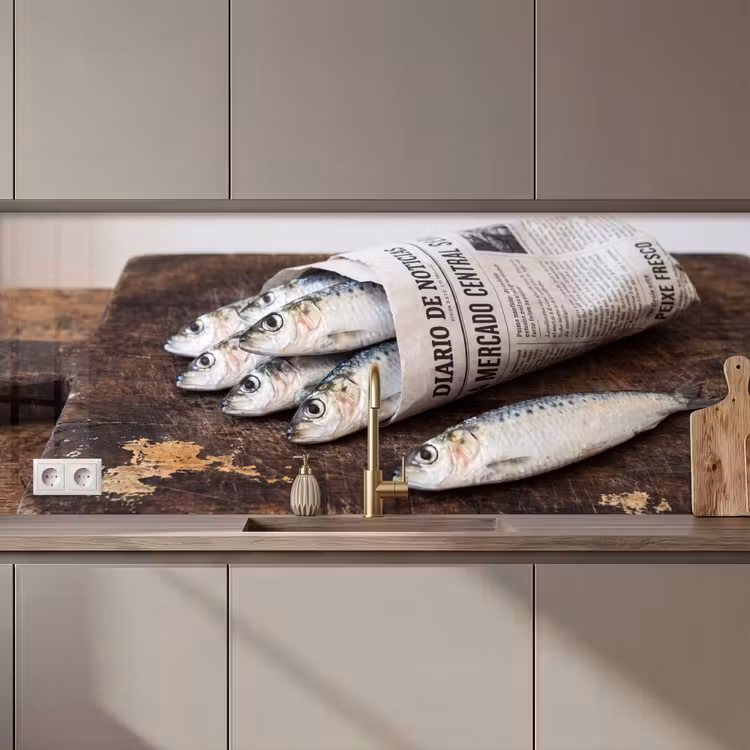 Keuken achterwand - Sardientje - krant - snijplank — 1