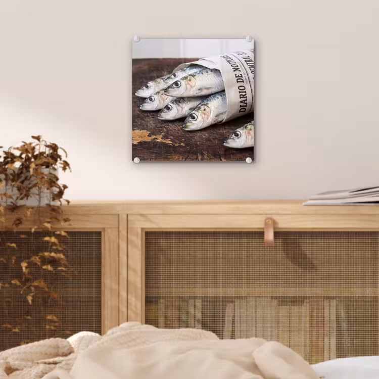 Glas schilderij - Sardientje - krant - snijplank — 5