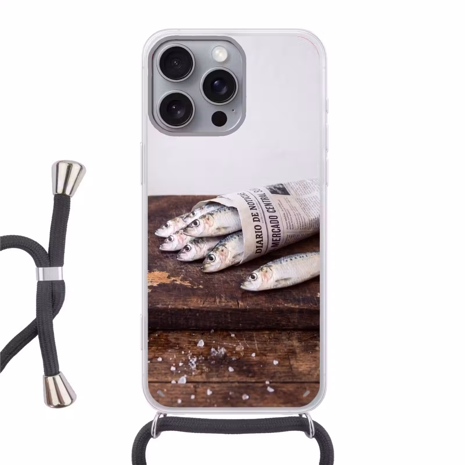 Telefoonhoesje met koord - Sardientje - krant - snijplank — 1