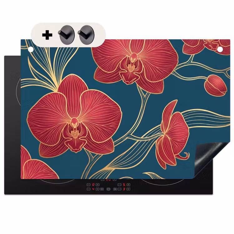 Inductie beschermer en spatscherm (2in1) - Bloemen - Rood - Goud — 1