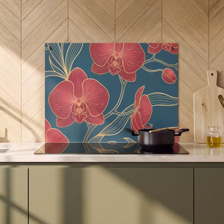 Inductie beschermer en spatscherm (2in1) - Bloemen - Rood - Goud — 2