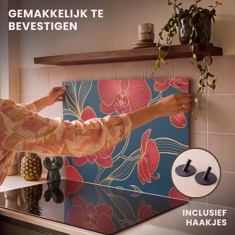 Inductie beschermer en spatscherm (2in1) - Bloemen - Rood - Goud — 7