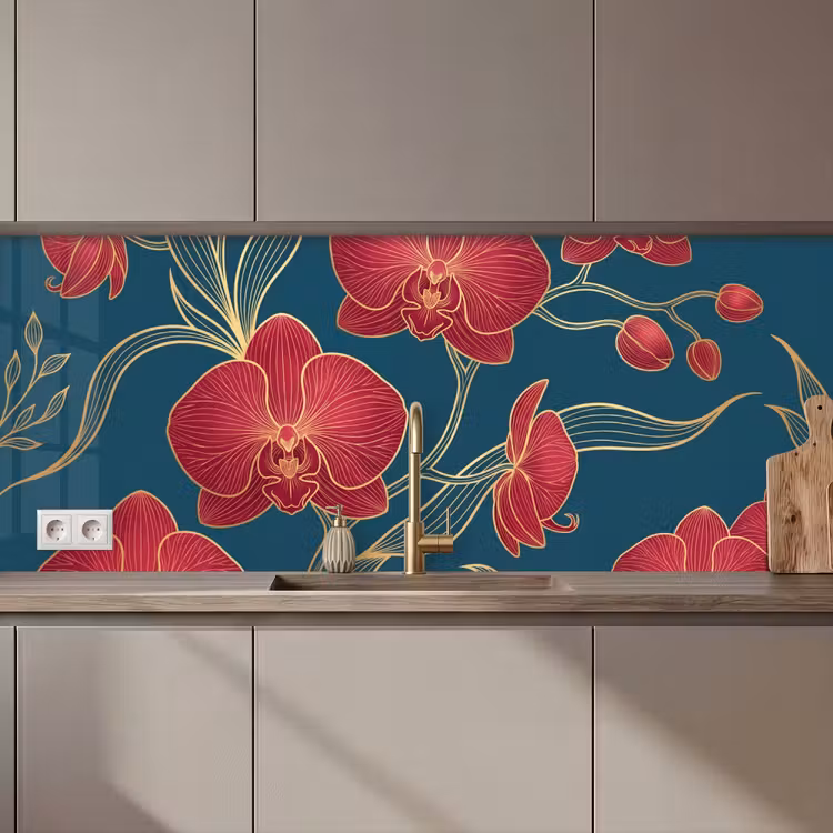 Keuken achterwand - Bloemen - Rood - Goud — 1
