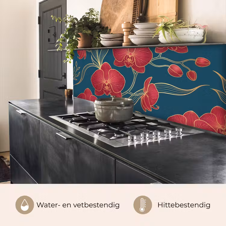 Keuken achterwand - Bloemen - Rood - Goud — 3