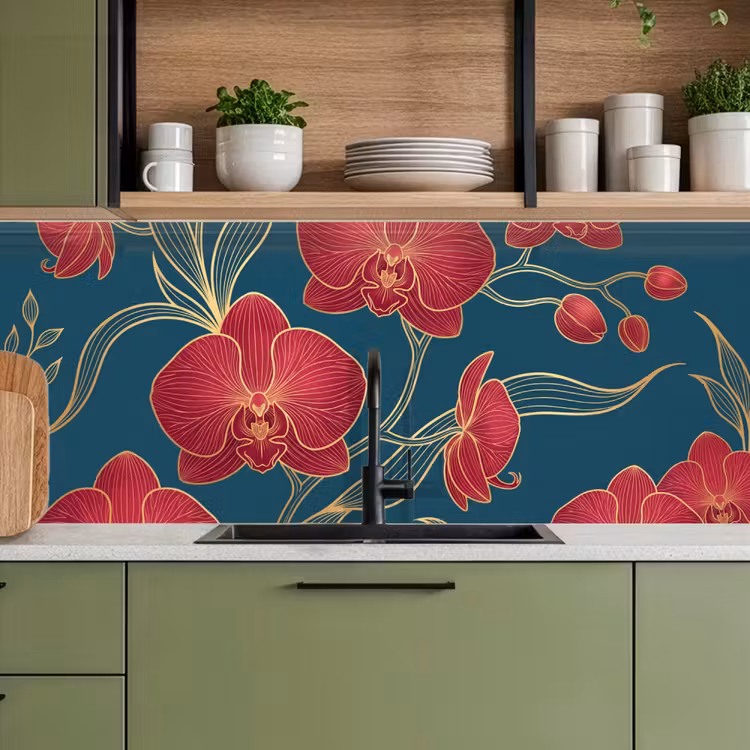 Keuken achterwand - Bloemen - Rood - Goud — 5