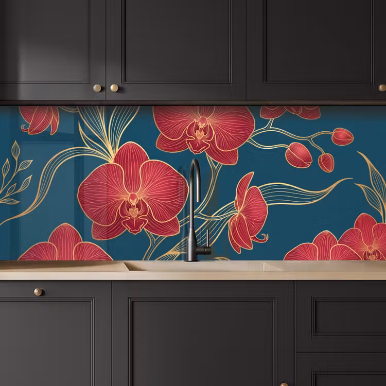 Keuken achterwand - Bloemen - Rood - Goud — 6