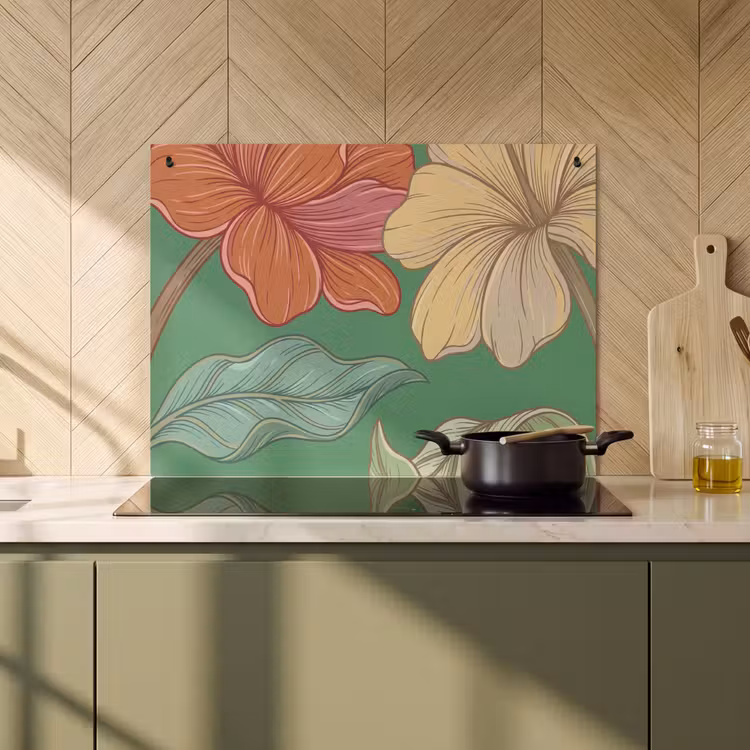Inductie beschermer en spatscherm (2in1) - Bloemen - Groen - Illustratie — 2