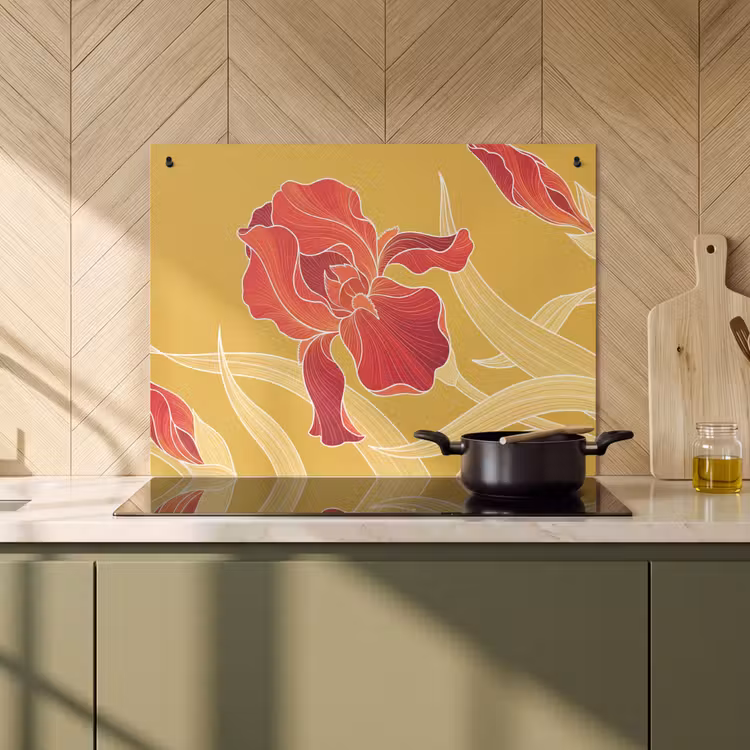 Inductie beschermer en spatscherm (2in1) - Bloemen - Illustratie - Rood — 2