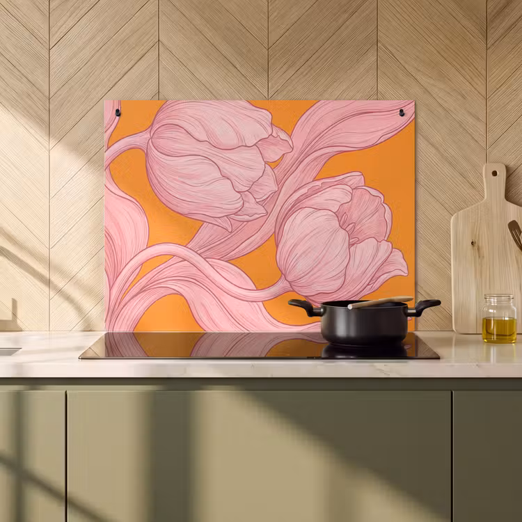 Inductie beschermer en spatscherm (2in1) - Roze bloemen - Modern — 2