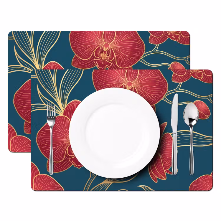 Placemat - 6 stuks - Bloemen - Rood - Goud — 2