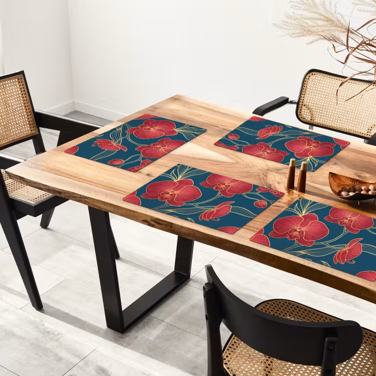 Placemat - 6 stuks - Bloemen - Rood - Goud — 5