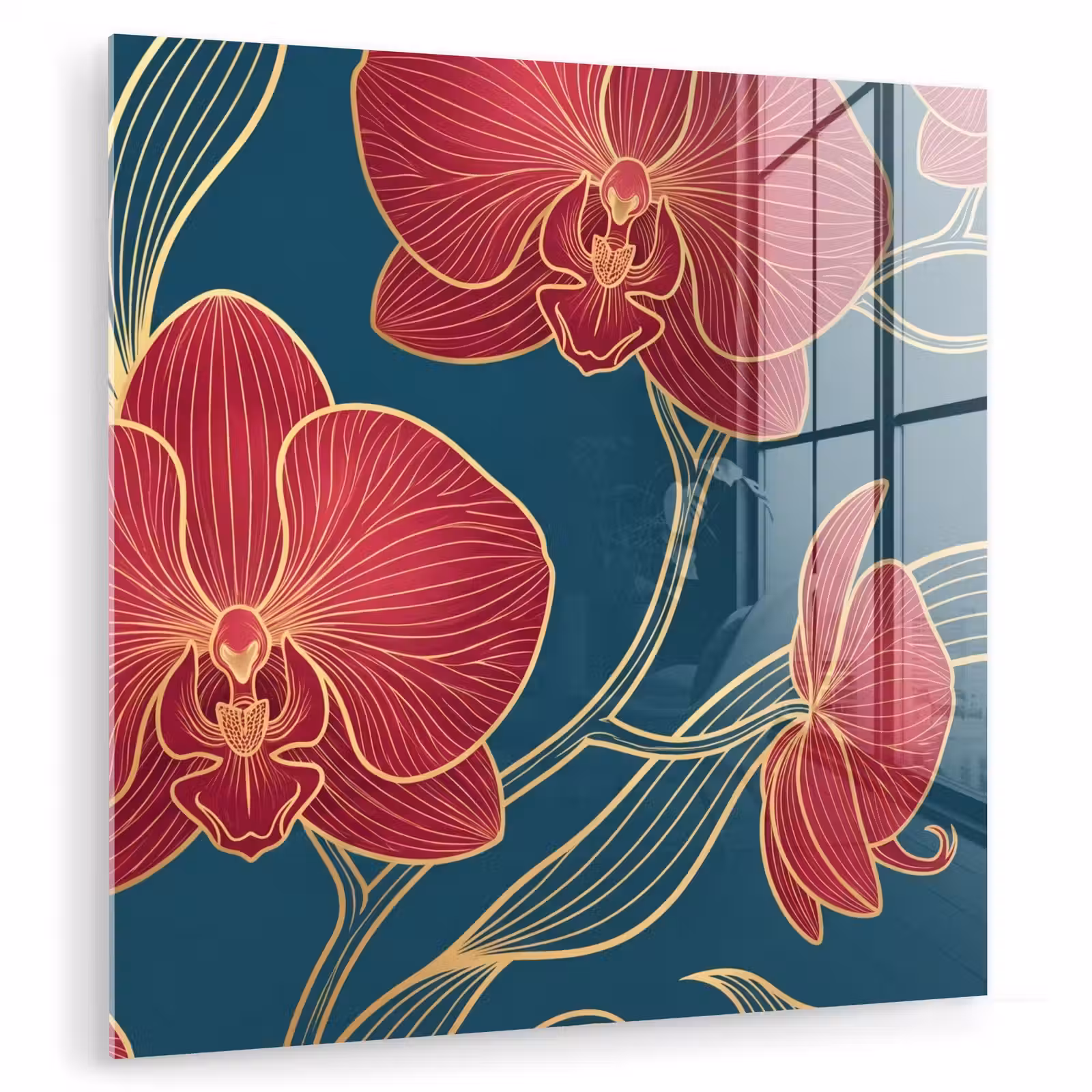 Glas schilderij - Bloemen - Rood - Goud — 1