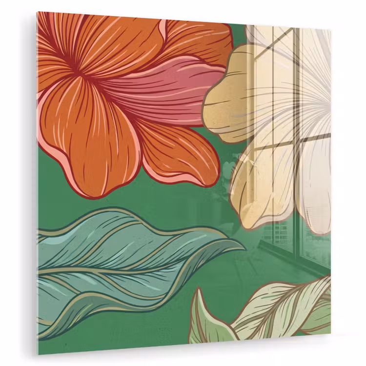 Glas schilderij - Bloemen - Groen - Illustratie — 1