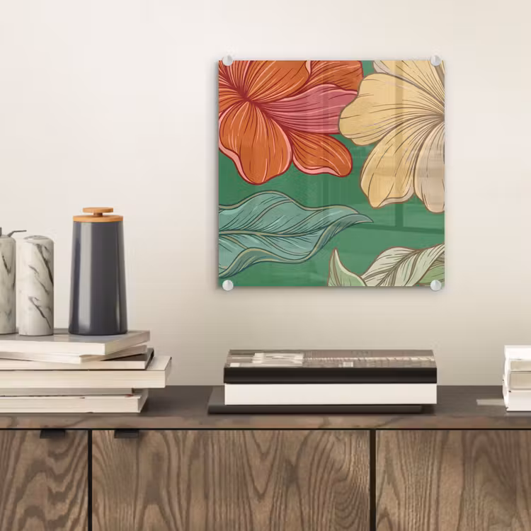 Glas schilderij - Bloemen - Groen - Illustratie — 2