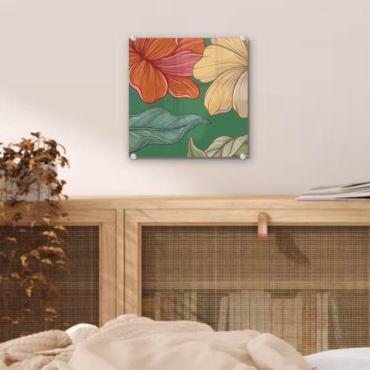 Glas schilderij - Bloemen - Groen - Illustratie — 5