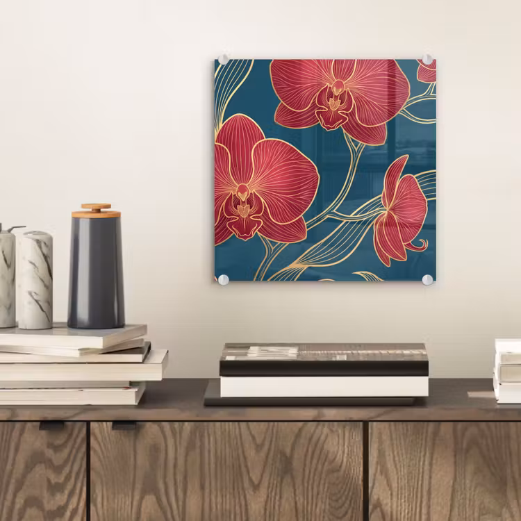 Glas schilderij - Bloemen - Rood - Goud — 2