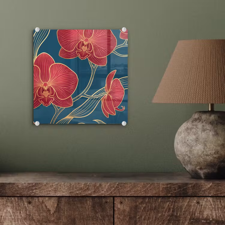 Glas schilderij - Bloemen - Rood - Goud — 4