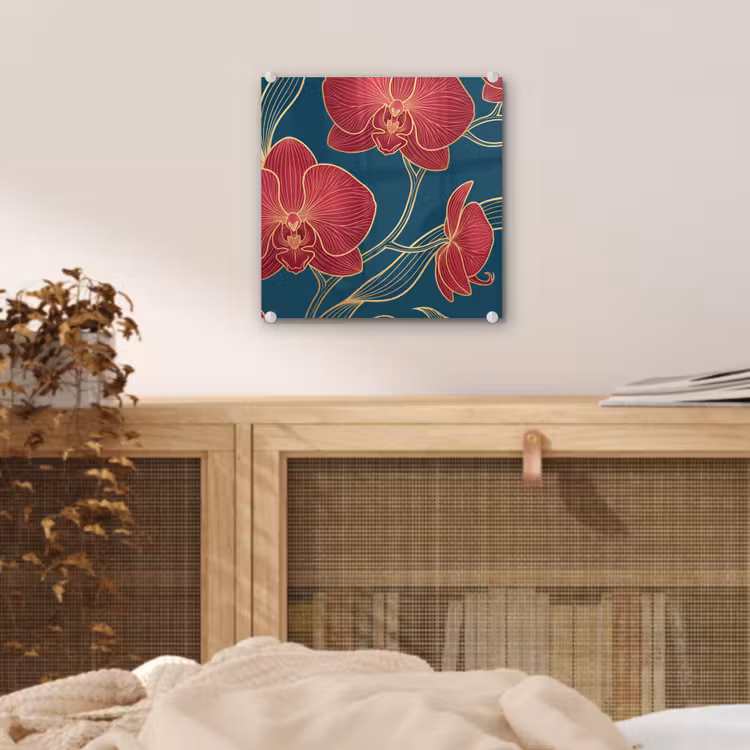 Glas schilderij - Bloemen - Rood - Goud — 5